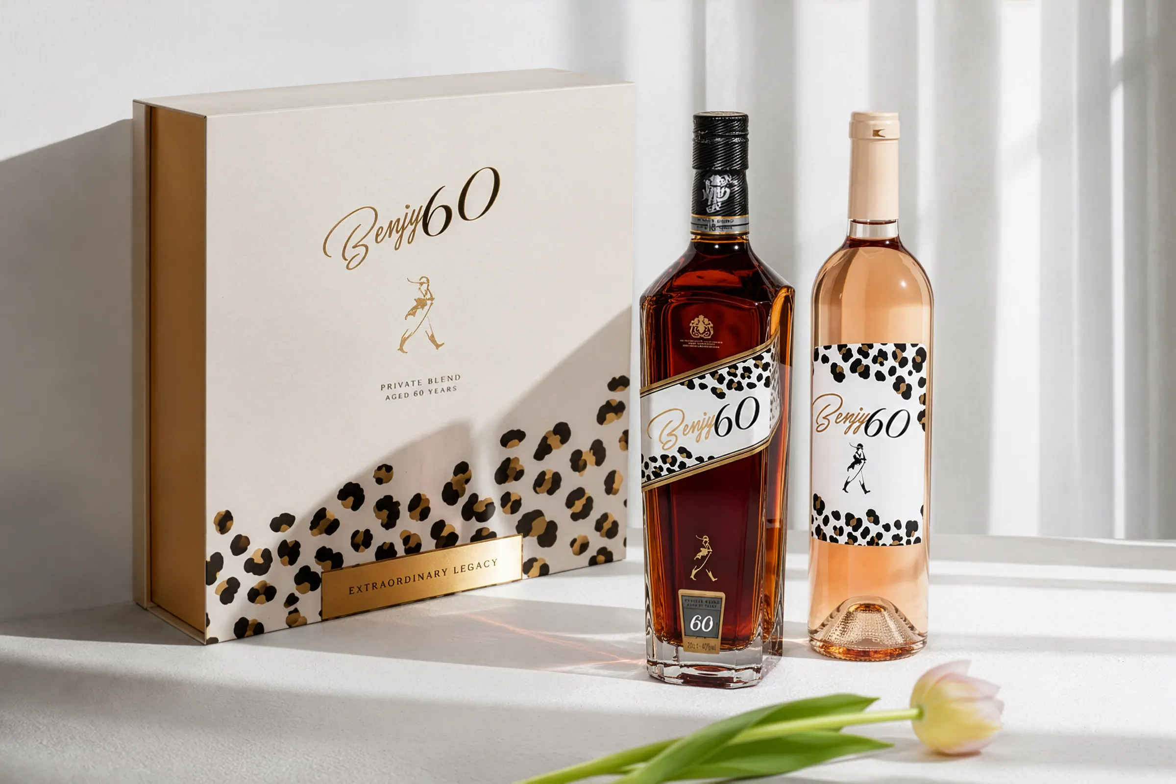 Benjy 60 rigid presentation box with gold plaque beside the whiskey and rosé bottles