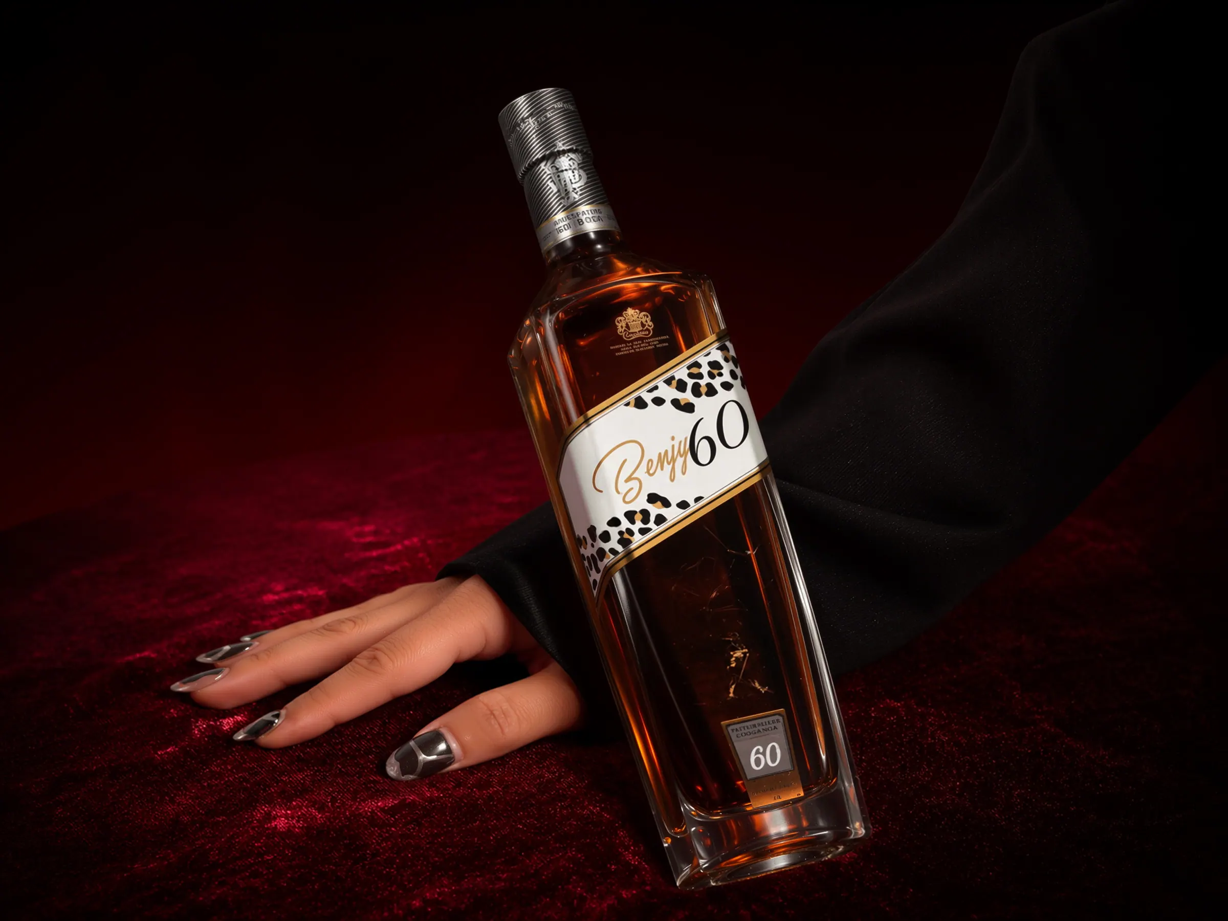 Benjy 60 rosé bottle lit dramatically in low red light