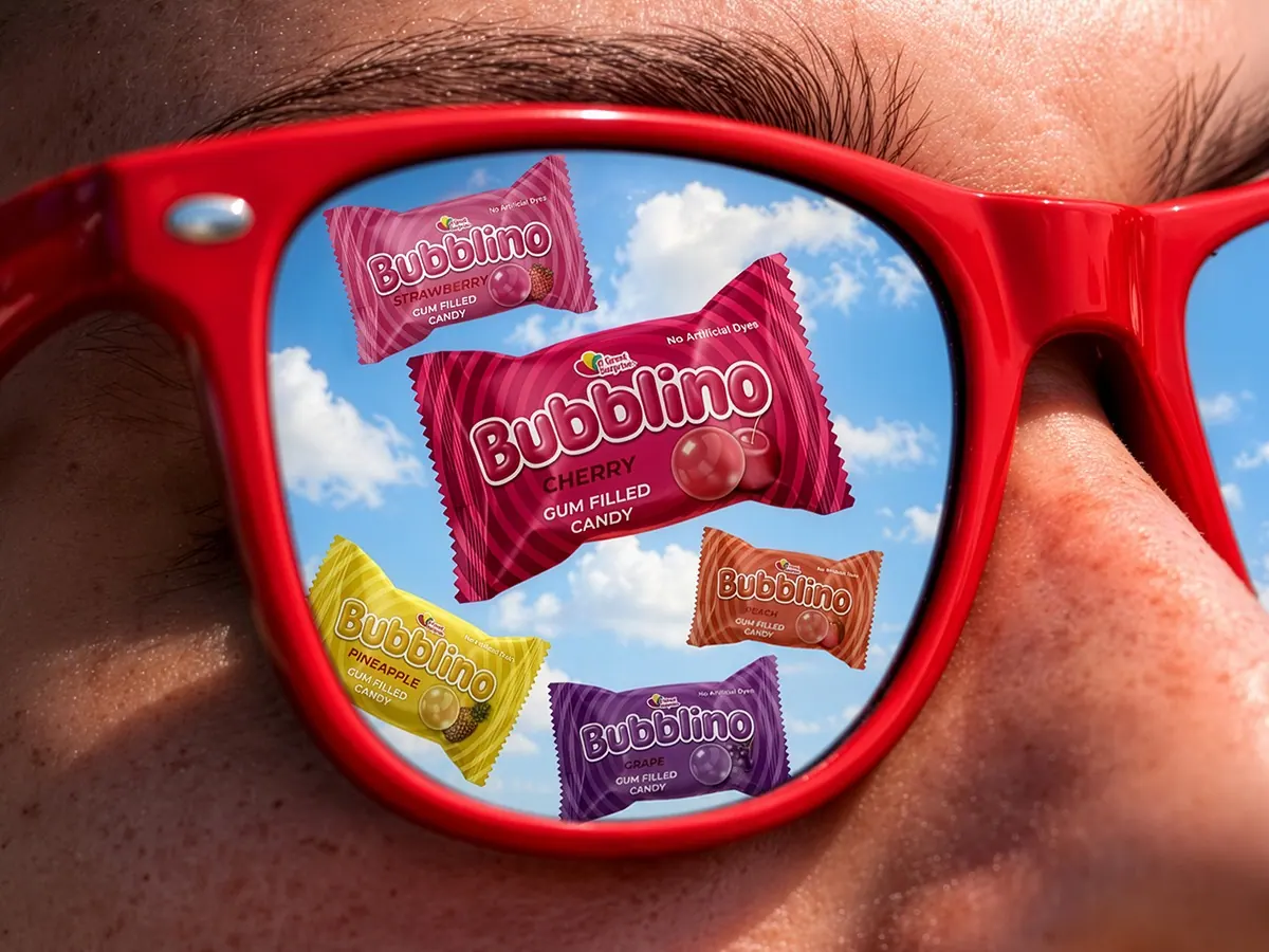 Bubblino wrappers in five flavours reflected in red sunglasses against a summer sky