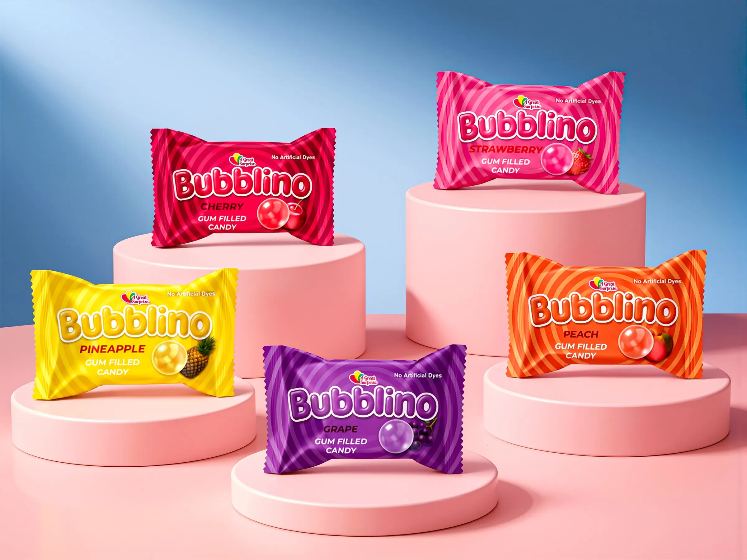 Five Bubblino flavours on pink podiums