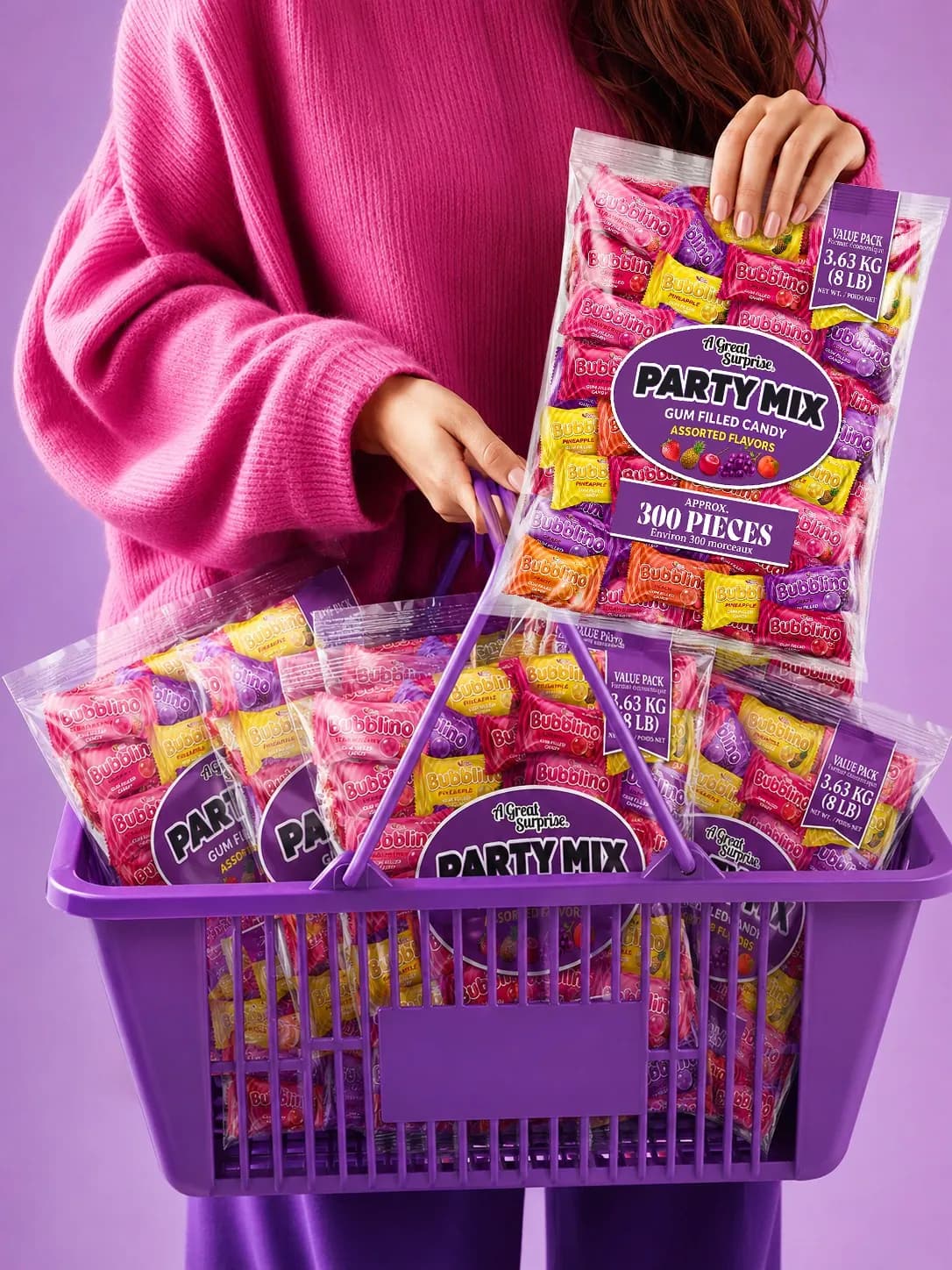 Child lifting a Bubblino Party Mix bag