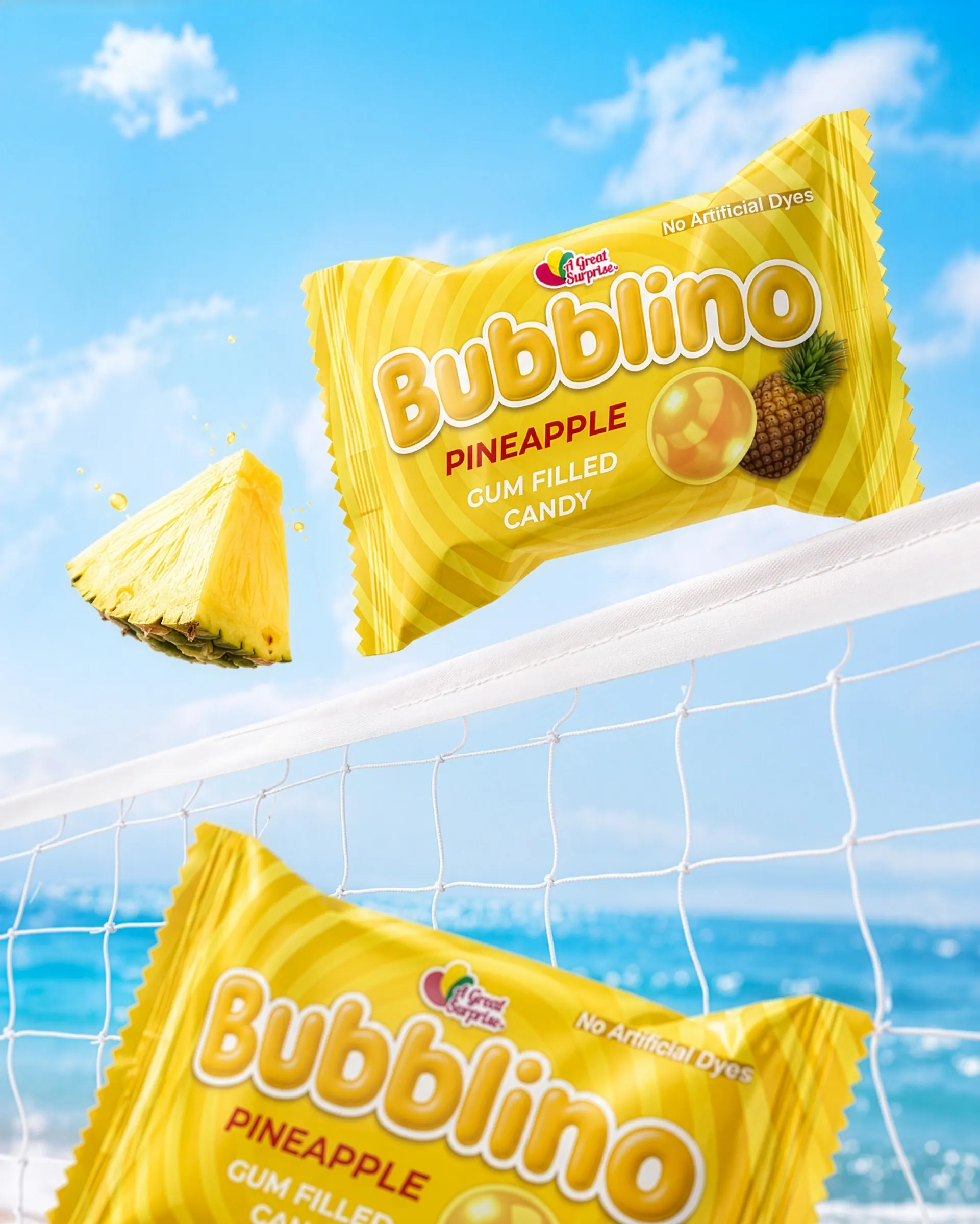 Bubblino pineapple pack against a blue sky