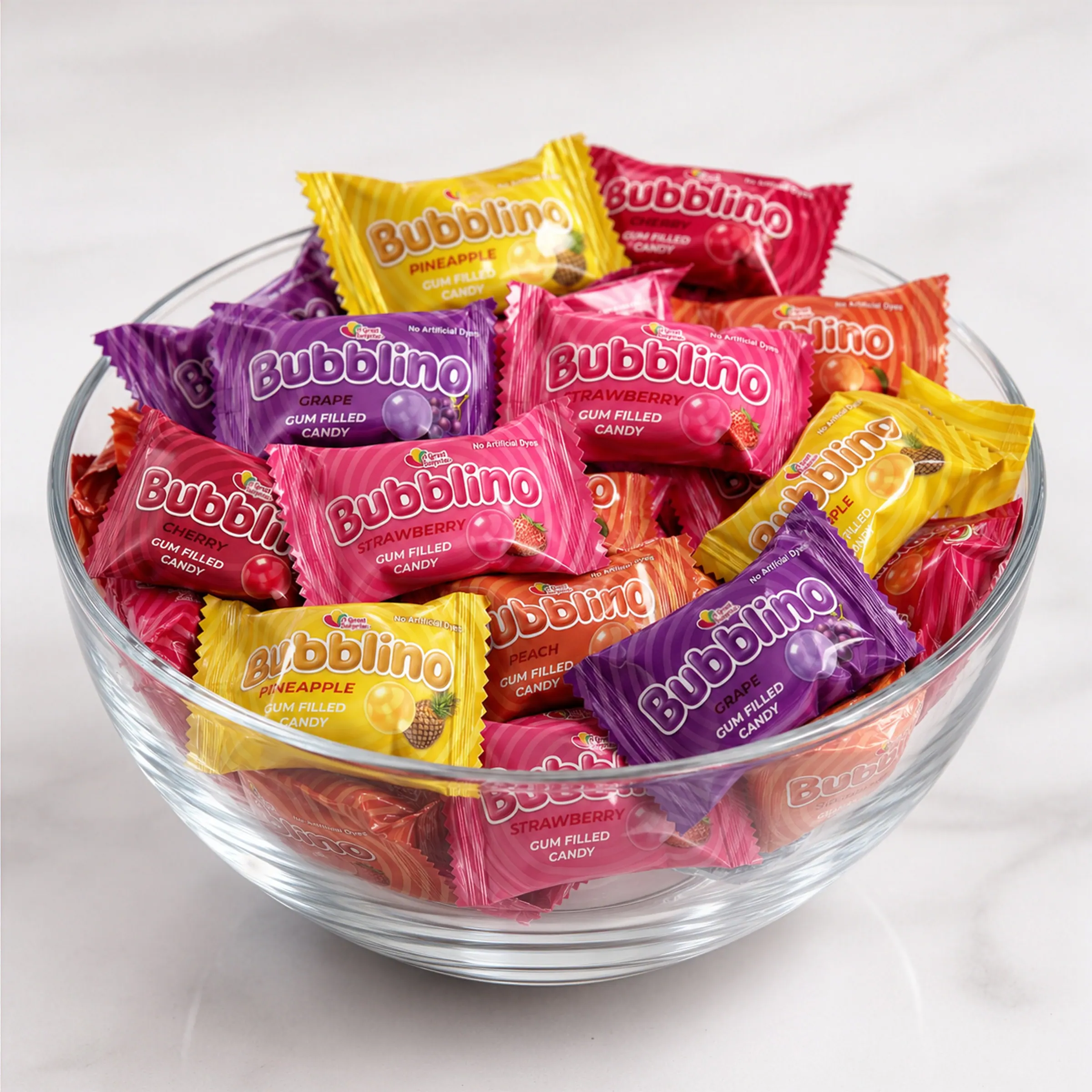 Glass bowl filled with Bubblino packs