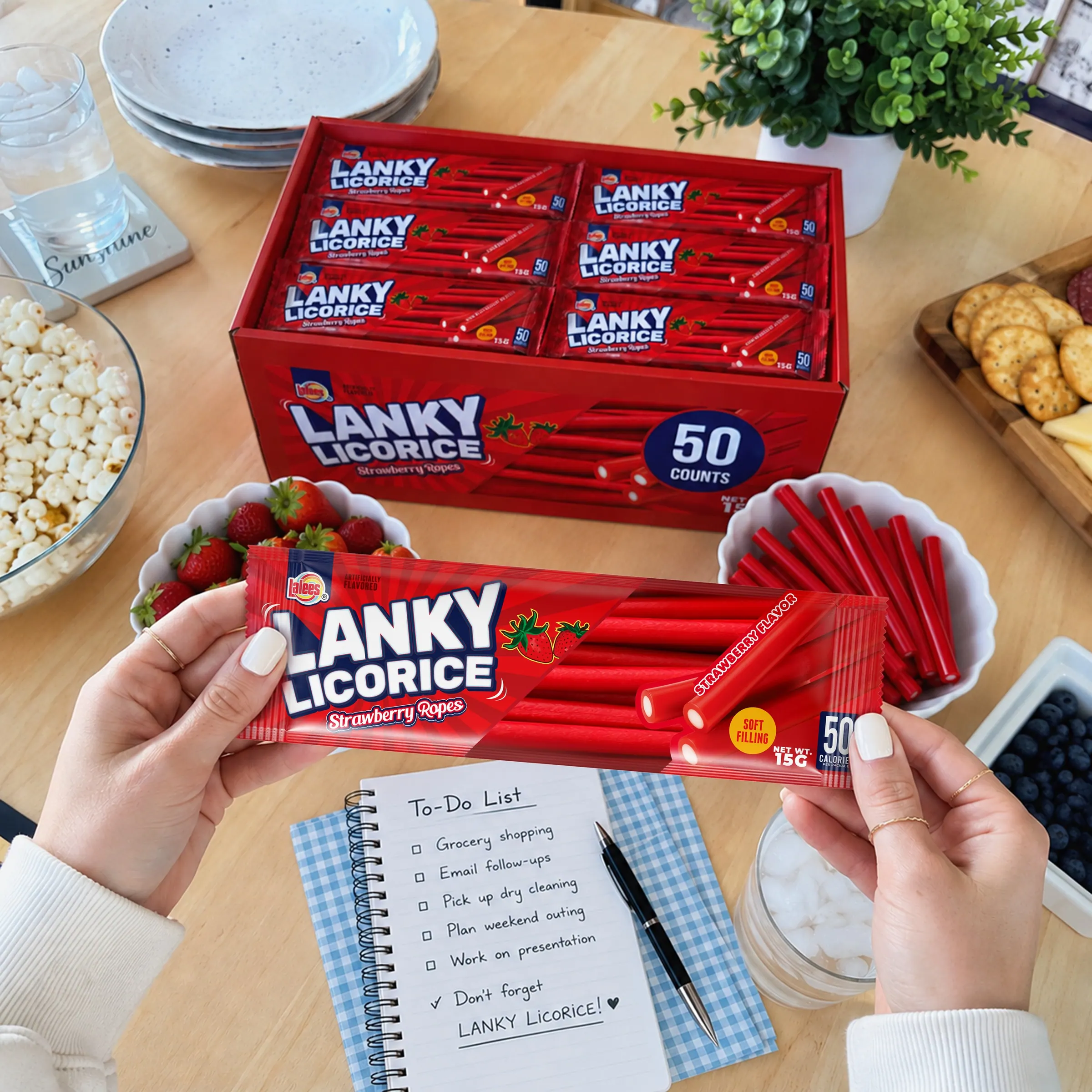 Lanky Licorice display box on a kitchen table