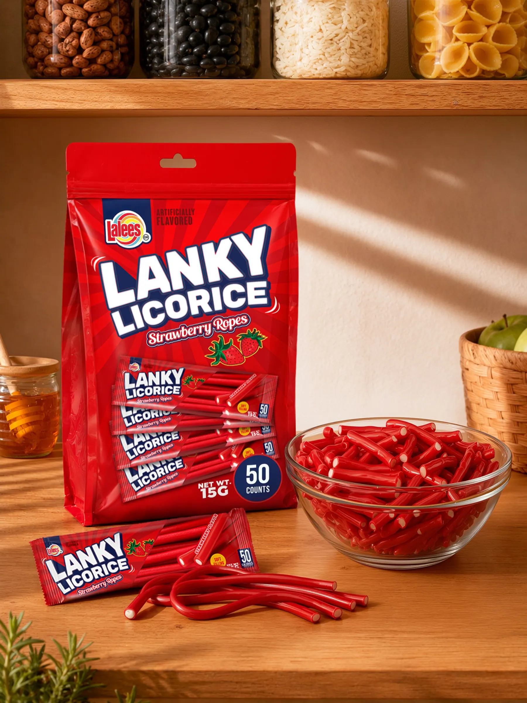 Lanky Licorice pouch on a pantry shelf