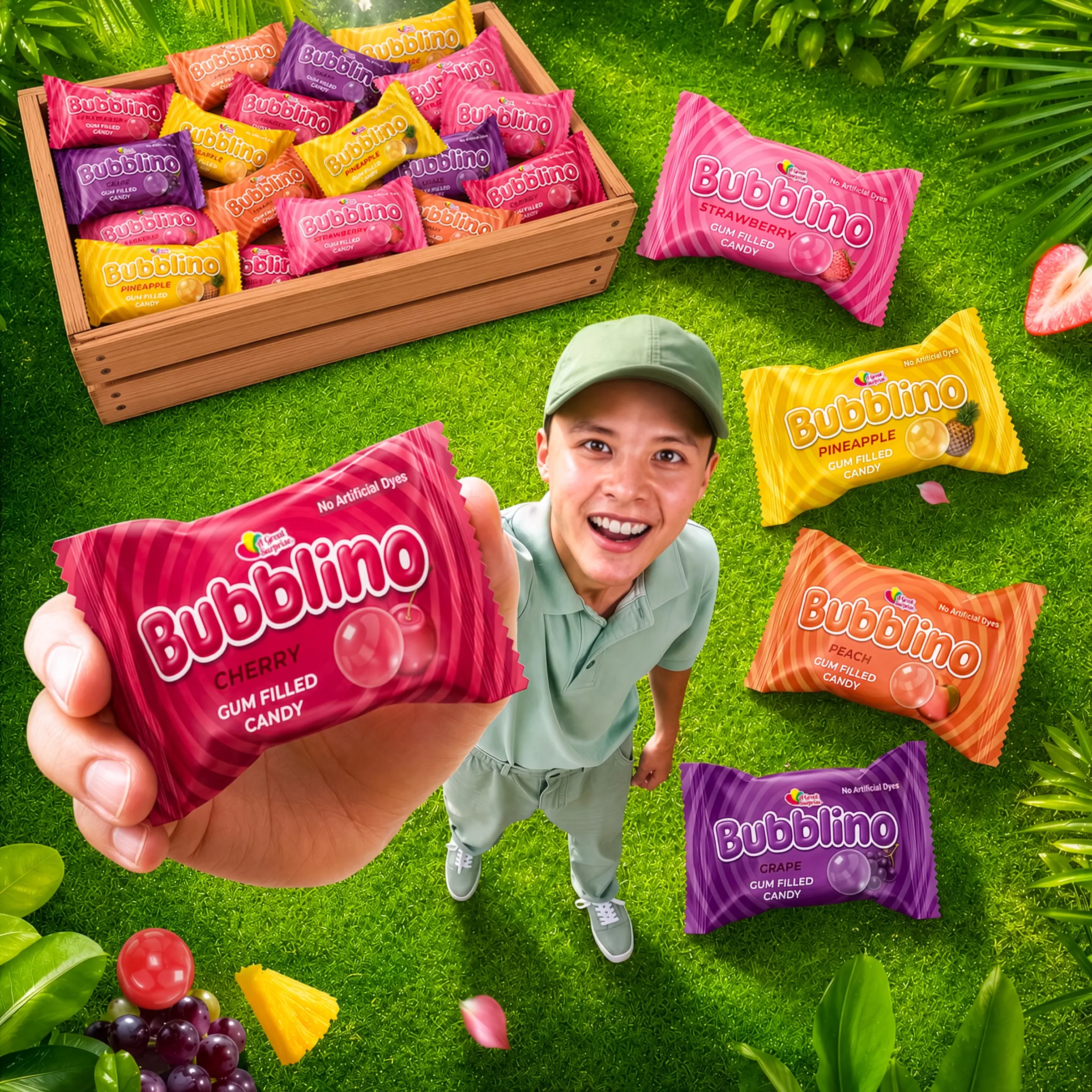 Child on grass holding a Bubblino cherry pack surrounded by scattered wrappers