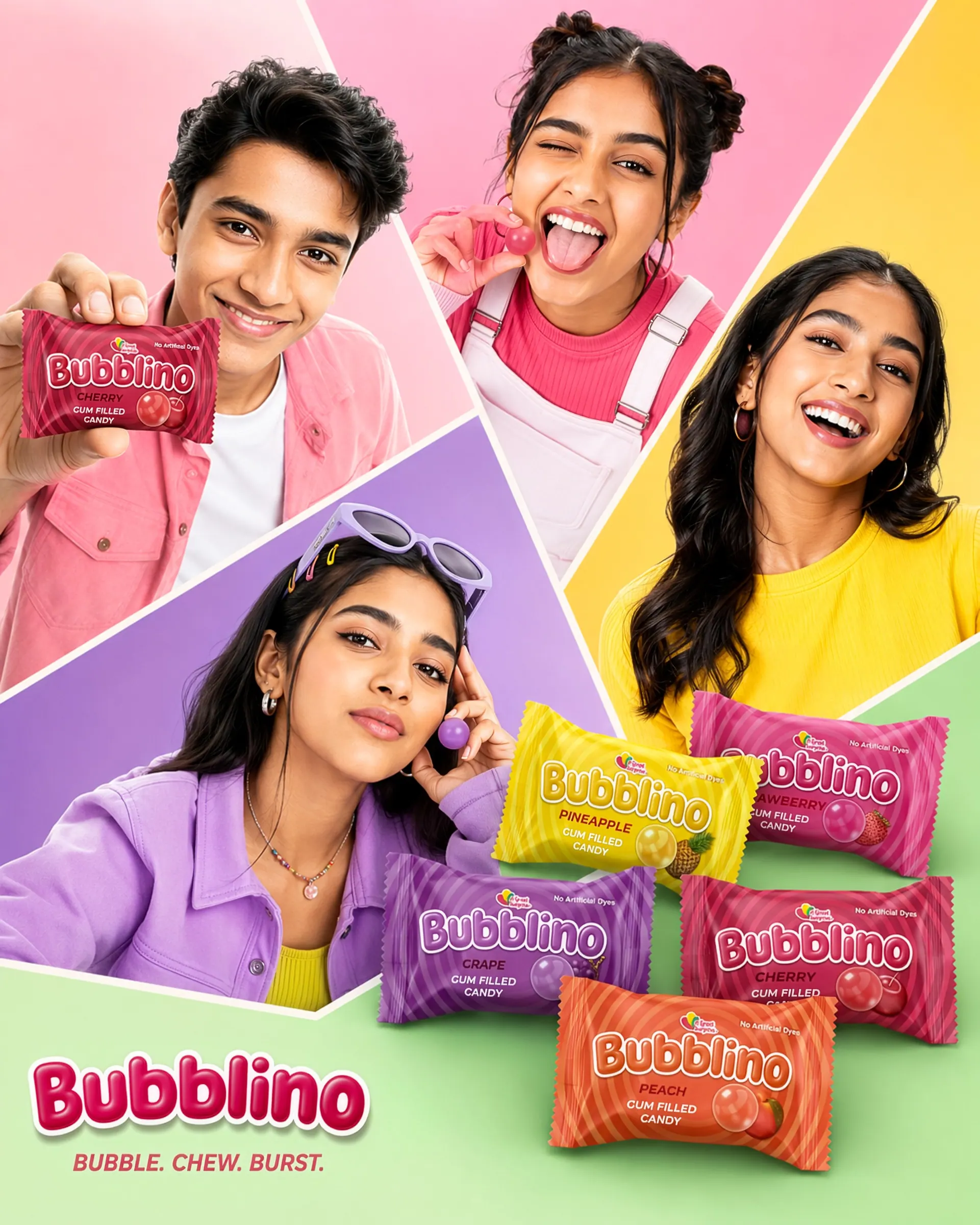 Grid of people eating Bubblino candy in five flavour colours