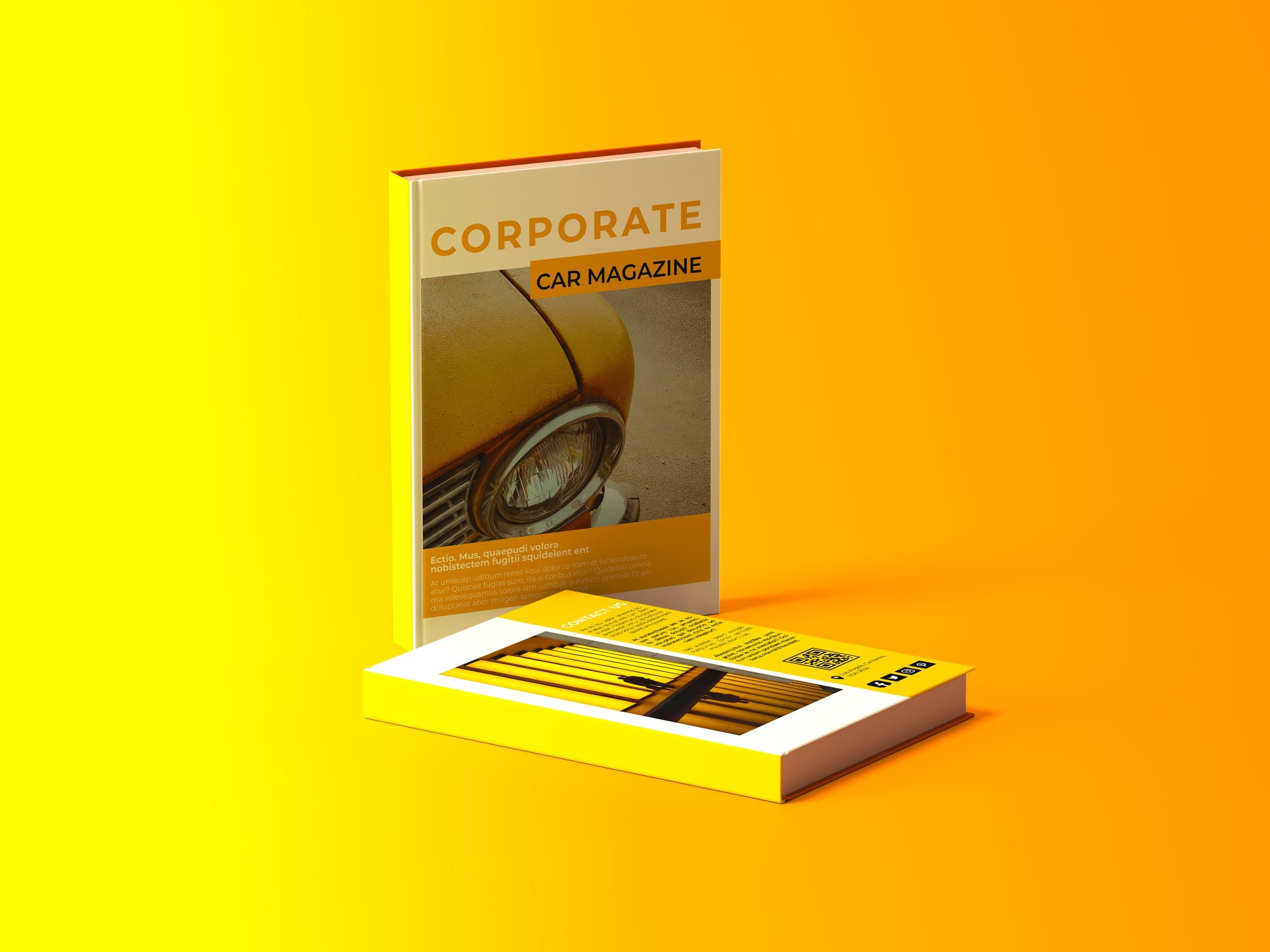 Corporate Car Magazine standing upright on a stack of issues against a yellow backdrop