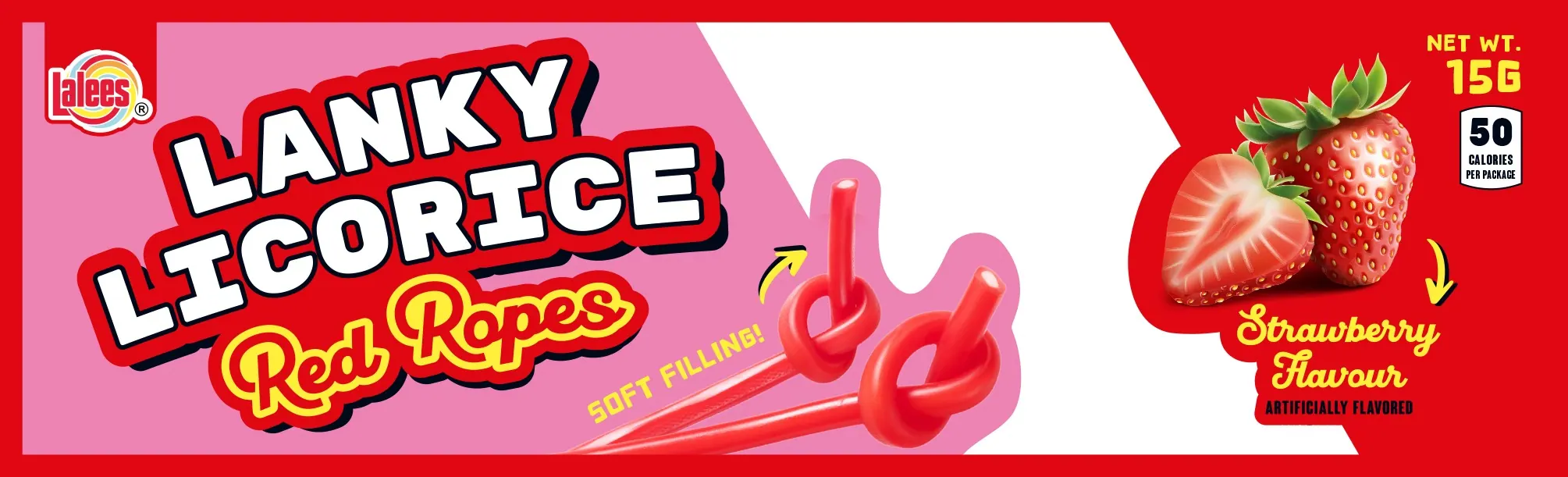 Original Lanky Licorice wrapper in pale pink with thin type